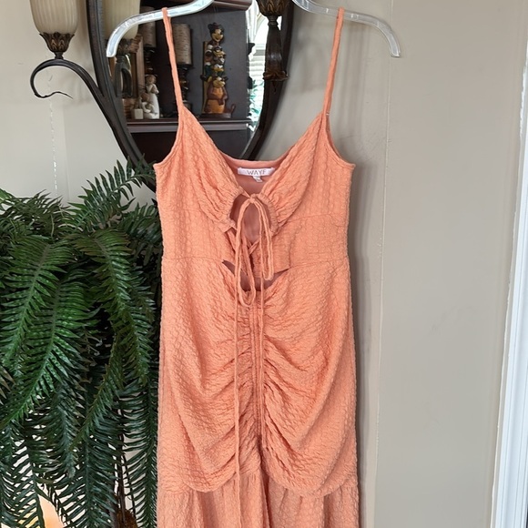 NWOT WAYF Iris Ruffle Hem Midi Dress Orange Ruched Lace Up Cutouts Bodycon Sexy - Picture 4 of 16